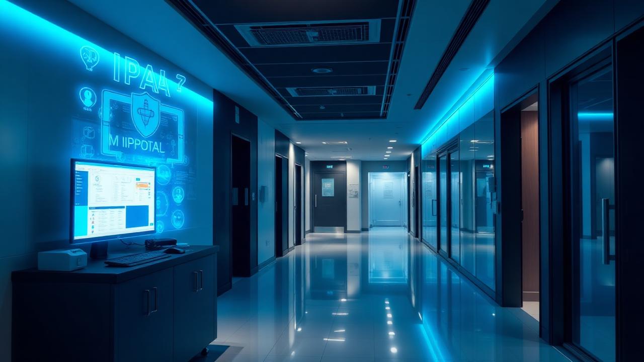 Medical clinic hallway with a HIPAA security overlay