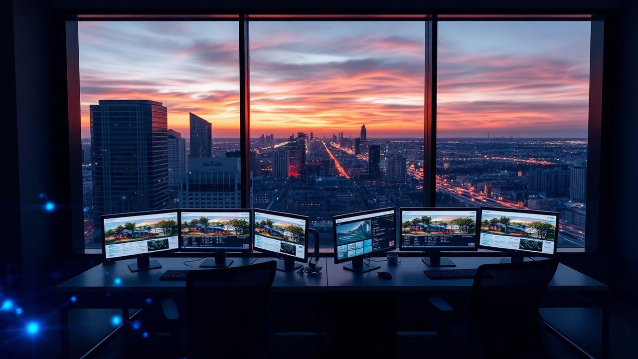 Real estate brokerage office with CRM dashboards and network overlay